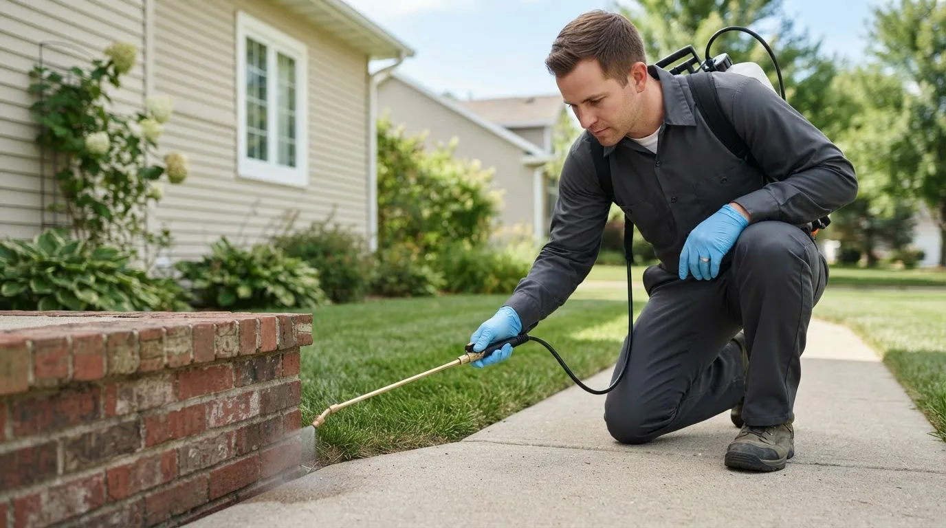 Pest control technician treating a home near Calumet, IA