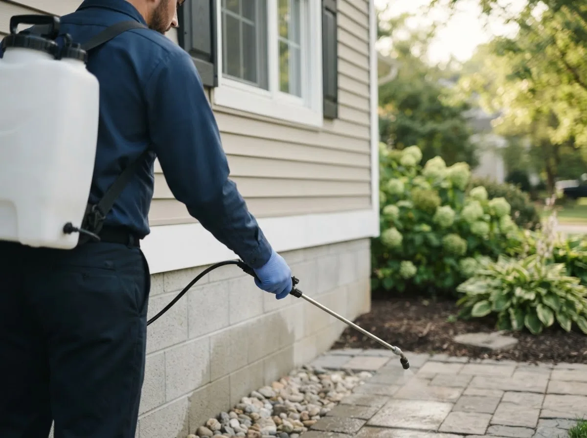 Pest control technician inspecting a home in Calumet, IA